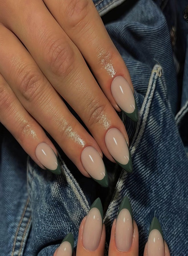 KXAMELIE Dark Green French Tip Press on Nails Short Almond Nails Press ons, Glue on Nails for Women Acrylic french nails Short Gel Nails Natural Thick Extra Short French Fake Nails 30Pcs 15 Sizes - Image 2